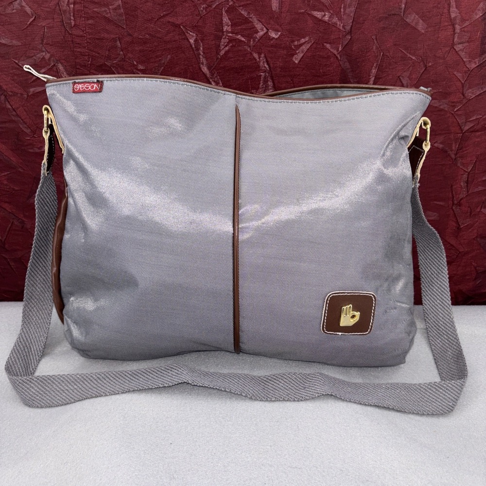 Vintage‎ 1980s Sasson Large Capacity Travel Bag Gray Nylon Brown Leather Piping